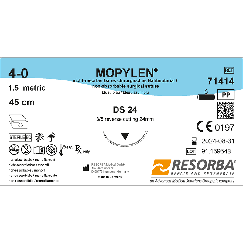 Мопілен USP4-0 синій, довжина 75см, зворотньо-ріжуча голка 18мм, 3/8 кола